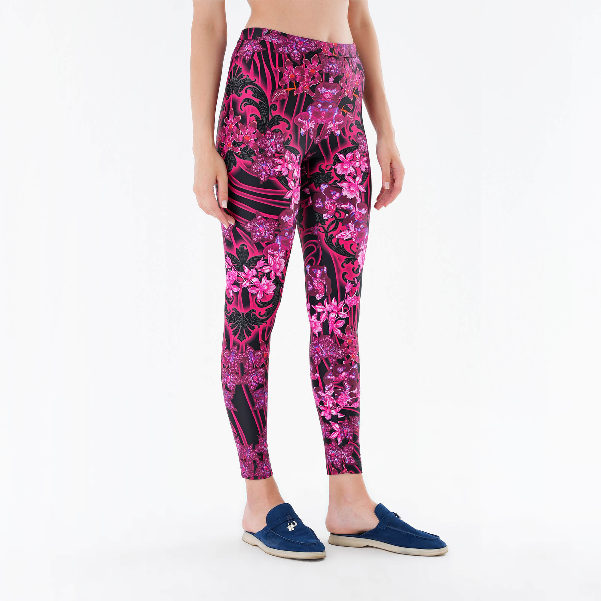 Versace- Fuschia & Black Floral  Printed Leggings IT42